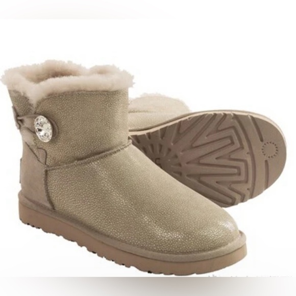 UGG Shoes - RARE UGG  Swarovski Mini Bailey Button Bling Boots Short Tan Shimmer Women’s 7